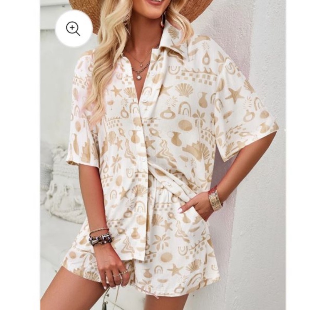 Beige and White Patterned Shirt and Shorts Set